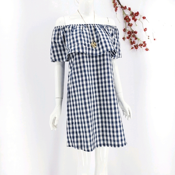 NEW Navy Gingham Checkered Off-Shoulder Dress - Picture 3 of 11